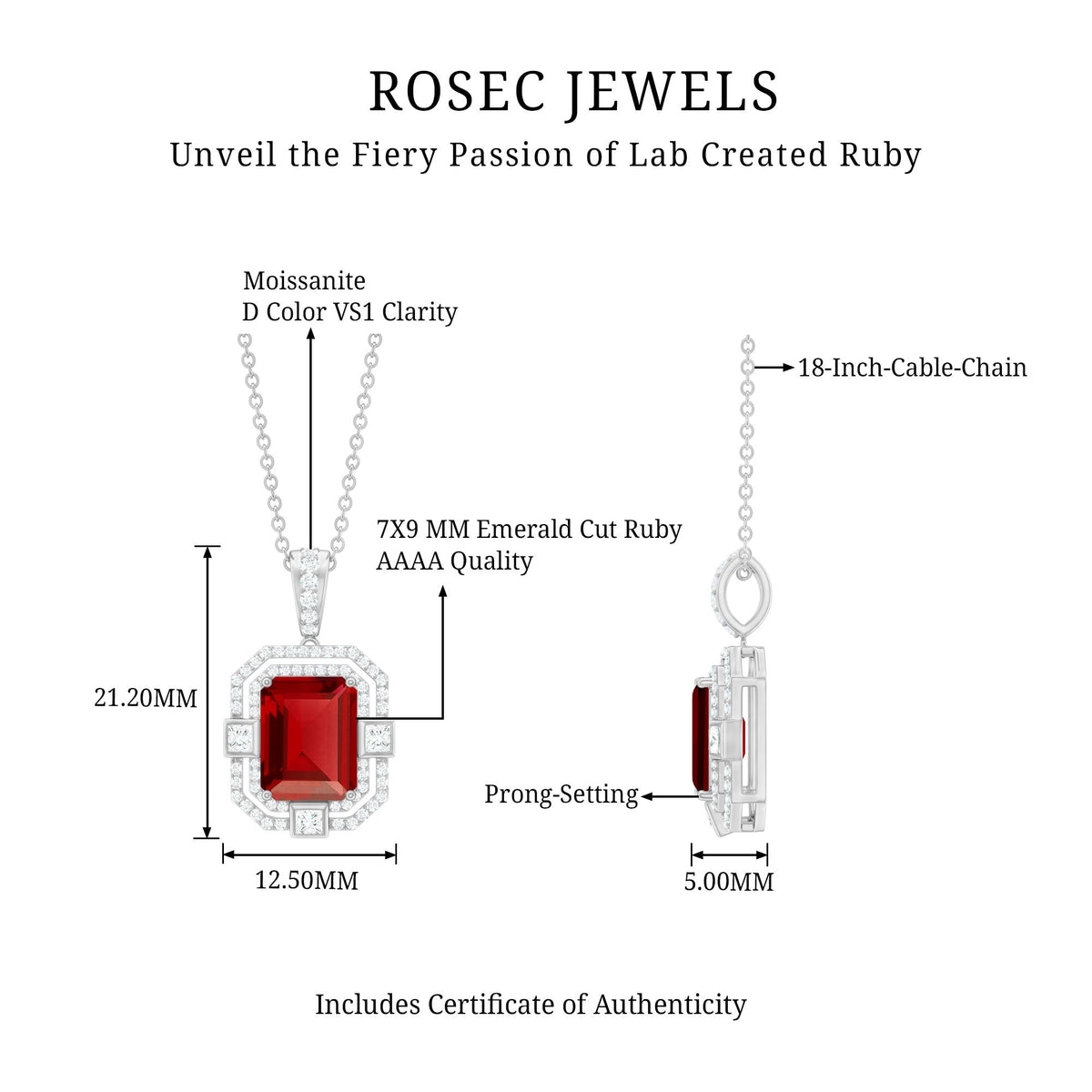 Vintage Inspired Lab Created Ruby Emerald Cut Necklace with Certificate