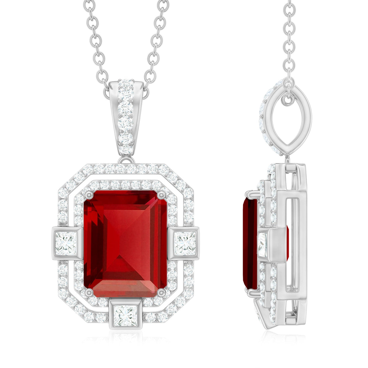 Vintage Inspired Lab Created Ruby Emerald Cut Necklace with Certificate