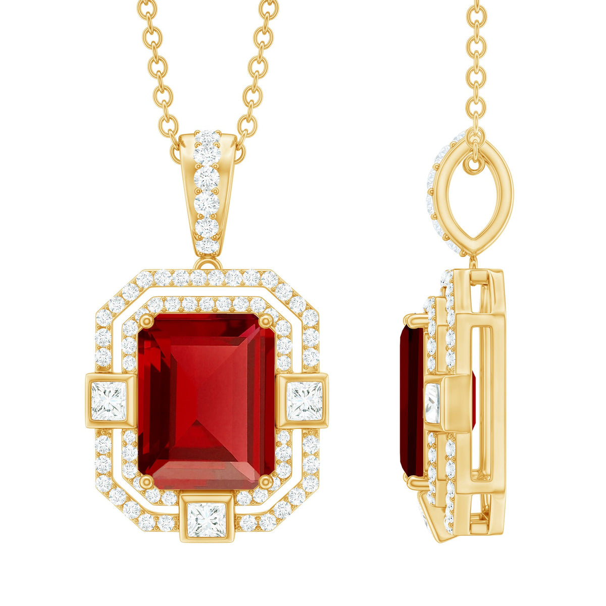 Vintage Inspired Lab Created Ruby Emerald Cut Necklace with Certificate