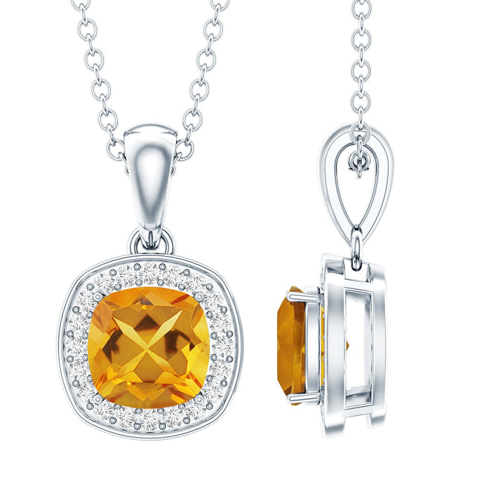 Cushion cut 1 carat citrine pendant necklace with moissanite halo, featuring a gold chain and elegant jewelry design.