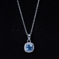 Natural Cushion Cut Swiss Blue Topaz Moissanite Halo Necklace with Silver Chain