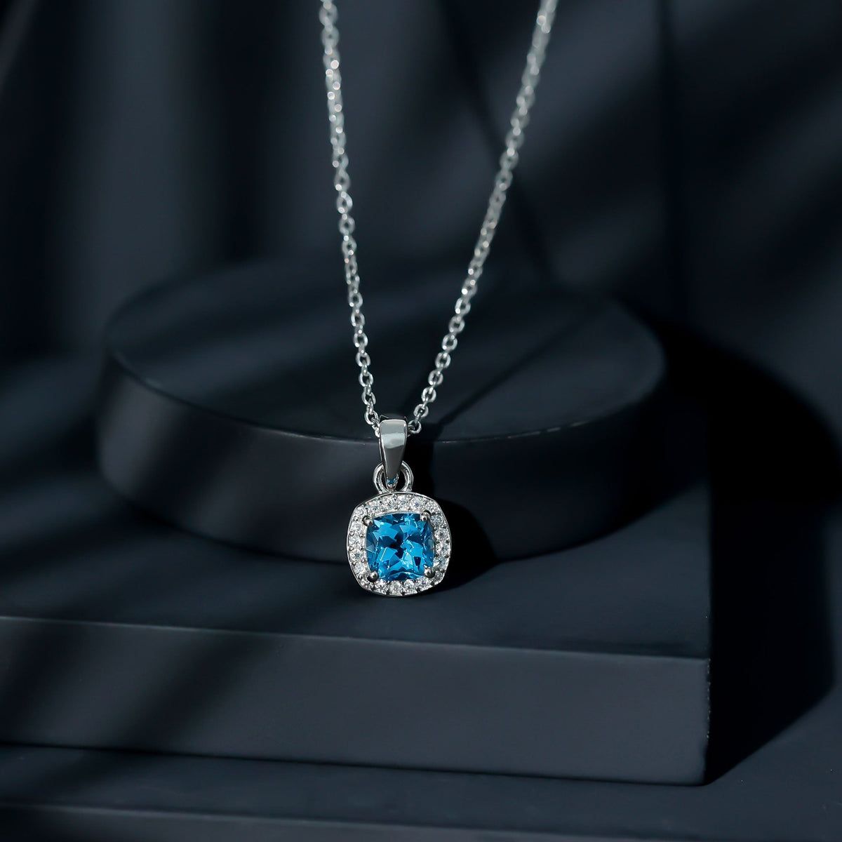 Natural Cushion Cut Swiss Blue Topaz Moissanite Halo Necklace with Silver Chain