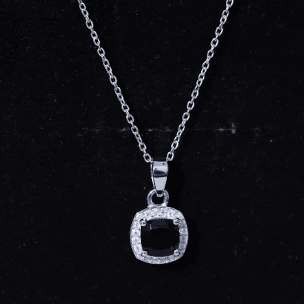 Black Spinel cushion cut pendant with moissanite halo, featuring a 2-carat stone and elegant design from Rosec Jewels.