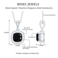 Certified 2 Carat Cushion Cut Black Spinel Necklace with Moissanite Halo