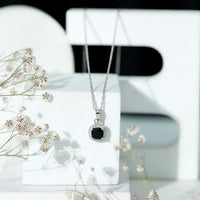 Certified 2 Carat Cushion Cut Black Spinel Necklace with Moissanite Halo