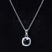 Cushion Cut 2 Carat Black Onyx and Moissanite Halo Necklace with Silver Chain