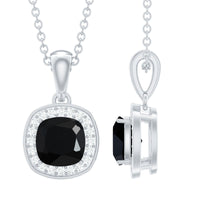 Cushion Cut 2 Carat Black Onyx and Moissanite Halo Necklace with Silver Chain