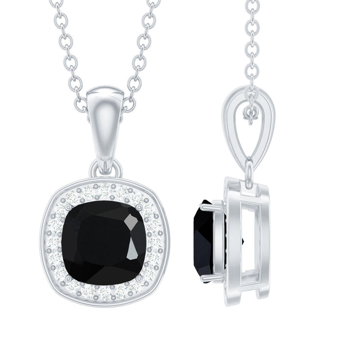 Cushion cut 2 carat black onyx pendant with moissanite halo and silver chain, elegant jewelry by Rosec Jewels