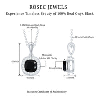 Cushion Cut 2 Carat Black Onyx and Moissanite Halo Necklace with Silver Chain