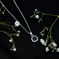 Cushion Cut 2 Carat Black Onyx and Moissanite Halo Necklace with Silver Chain