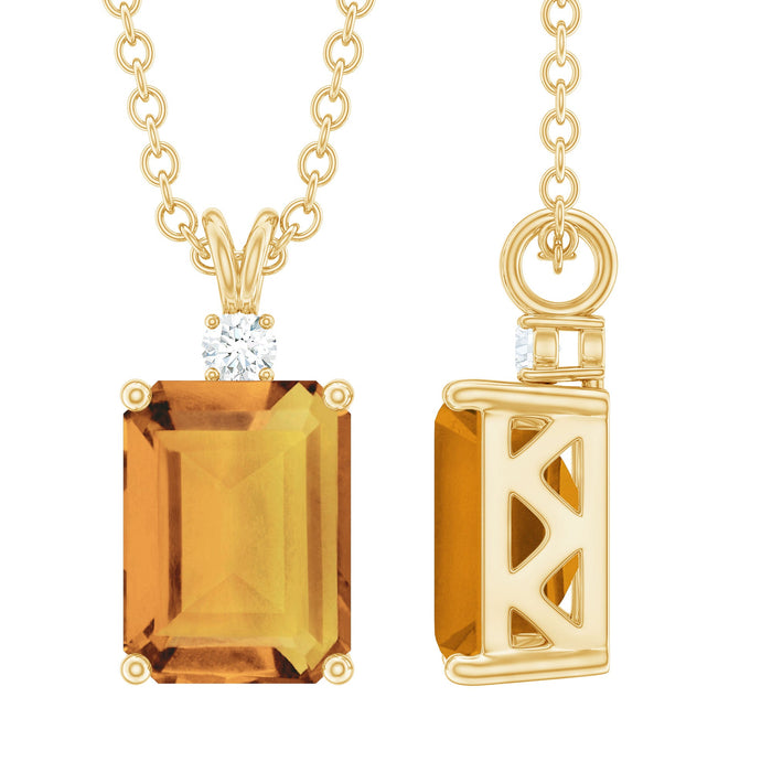 Natural emerald cut 1.8 carat citrine pendant necklace with diamond accents, showcasing elegant jewelry design.