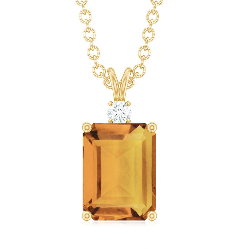 Natural emerald cut 1.8 carat citrine pendant necklace with diamond accents, featuring a Rosec Jewels pendant on a delicate chain.