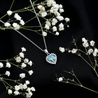 Real Sky Blue Topaz Heart Necklace with Moissanite Halo