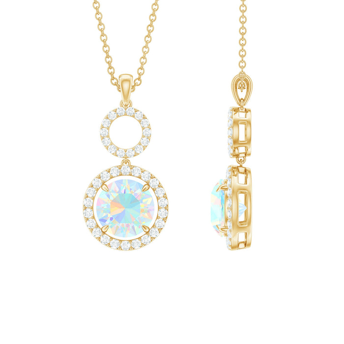 Natural Ethiopian opal drop pendant necklace with diamond accent, elegant jewelry piece by Rosec Jewels featuring vibrant gemstone.