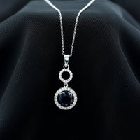 Lab Grown Blue Sapphire Halo Pendant with Moissanite