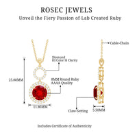 Lab Grown Ruby and Diamond Halo Dangle Pendant Necklace