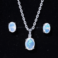 Real 3 Carat Oval Shaped Ethiopian Opal Solitaire Necklace Earrings Set with Diamond