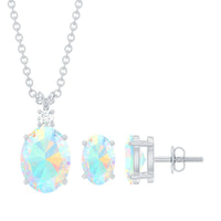 Real 3 Carat Oval Shaped Ethiopian Opal Solitaire Necklace Earrings Set with Diamond