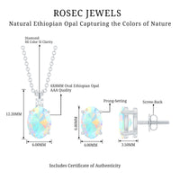 Real 3 Carat Oval Shaped Ethiopian Opal Solitaire Necklace Earrings Set with Diamond