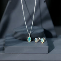 Real 3 Carat Oval Shaped Ethiopian Opal Solitaire Necklace Earrings Set with Diamond