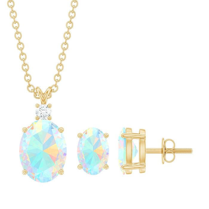 Real 3 carat oval Ethiopian opal jewelry set with solitaire necklace and earrings featuring diamonds, by Rosec Jewels.