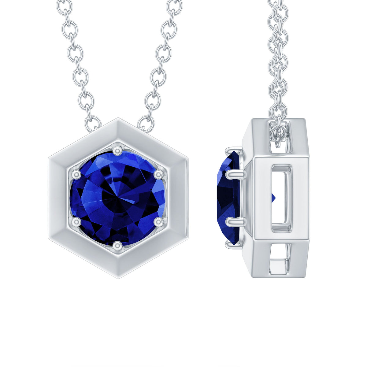 1 Carat Lab Grown Blue Sapphire Hexagon Necklace for Women