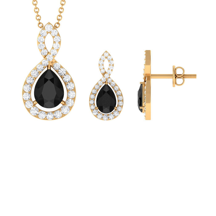 Natural black onyx infinity necklace and earrings jewelry set for women by Rosec Jewels, featuring elegant black onyx stones.