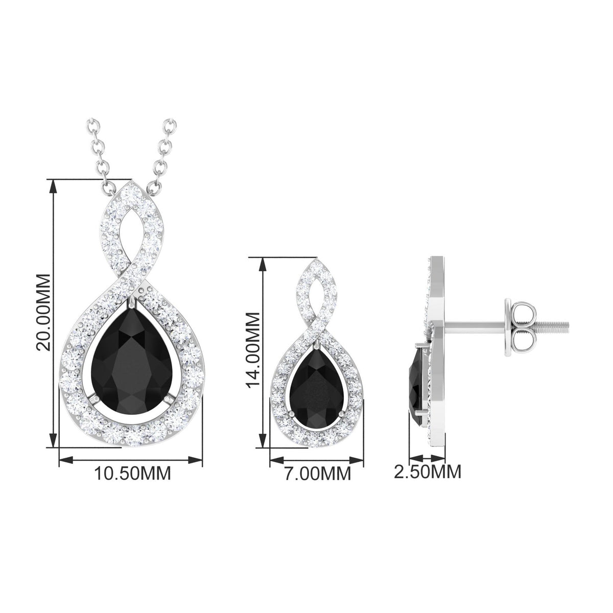 Natural Black Onyx Infinity Necklace and Earrings Set for Women