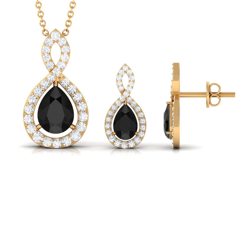 Natural black onyx infinity necklace and earrings jewelry set for women, featuring elegant black gemstone designs by Rosec Jewels