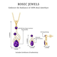 Real Amethyst and Diamond Bridal Dangle Necklace Earrings Set
