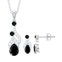 Natural Black Onyx Drop Pendant and Earrings Set with Diamond
