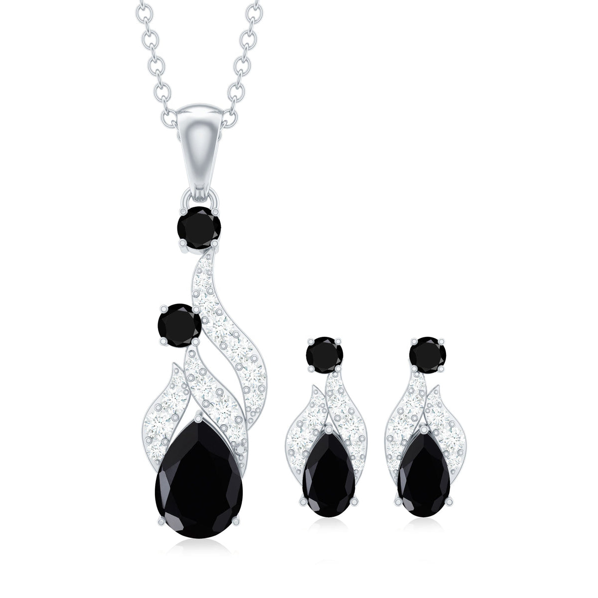 Natural Black Onyx Drop Pendant and Earrings Set with Diamond
