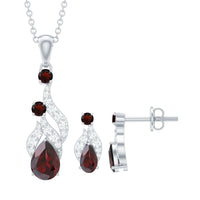 Garnet and Diamond Bridal Dangle Pendant and Earrings Set