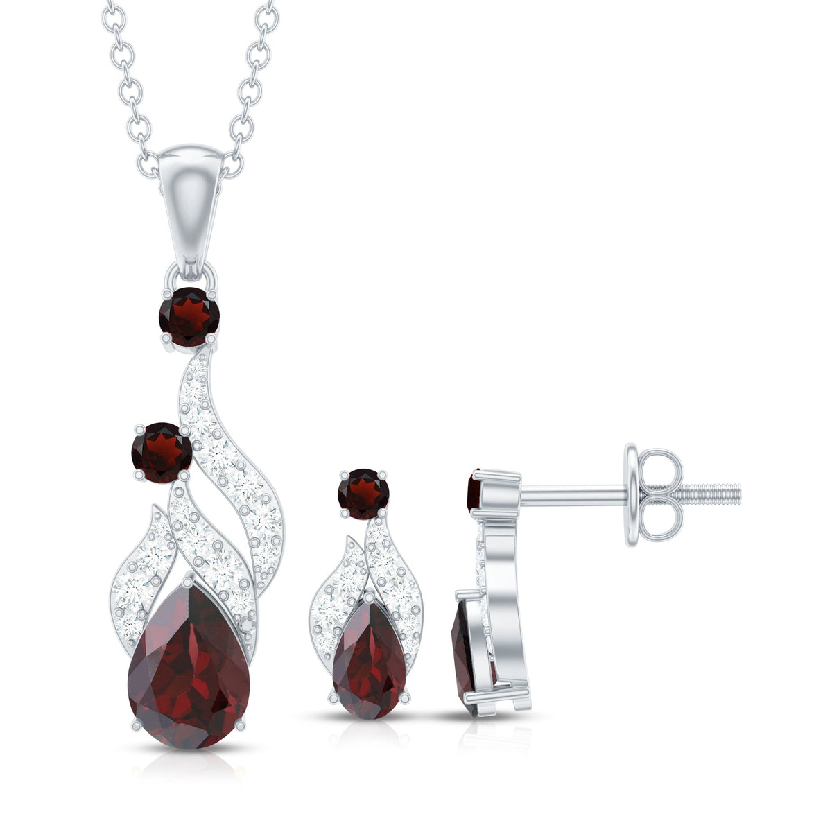 Garnet and Diamond Bridal Dangle Pendant and Earrings Set
