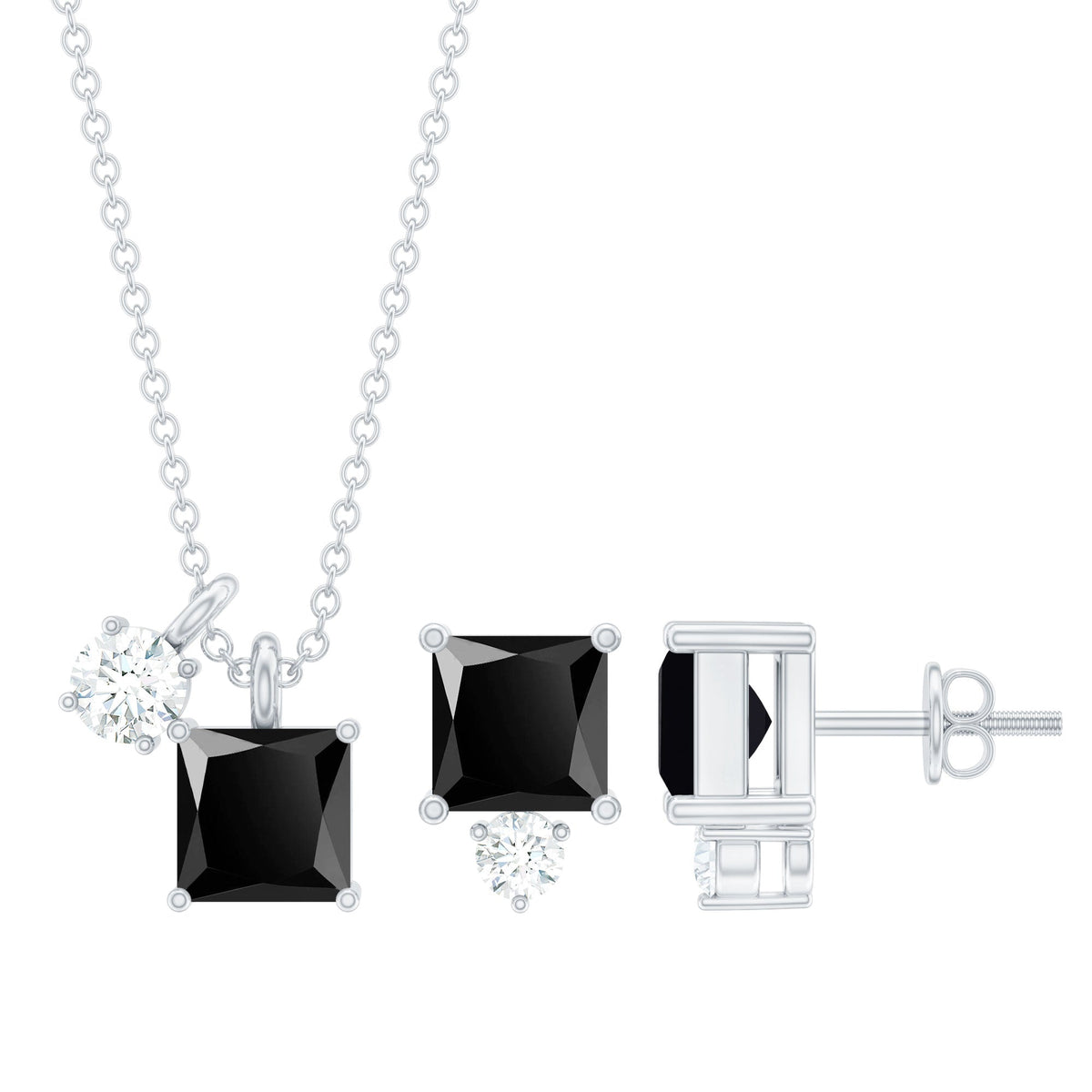 Natural 1.65 Carat Princess Cut Black Onyx Pendant and Earrings Set with Diamond