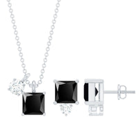 Natural 1.65 Carat Princess Cut Black Onyx Pendant and Earrings Set with Diamond