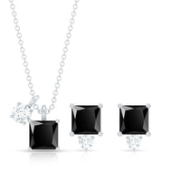 Natural 1.65 Carat Princess Cut Black Onyx Pendant and Earrings Set with Diamond