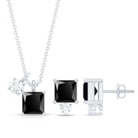 Natural 1.65 Carat Princess Cut Black Onyx Pendant and Earrings Set with Diamond