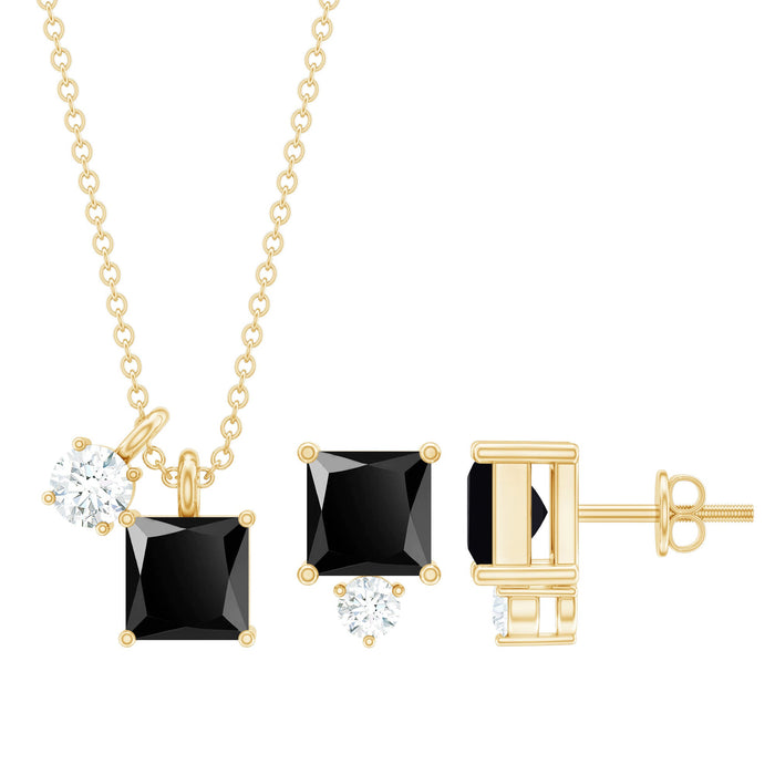 Rosec Jewels black onyx jewelry set with 1.65 carat princess cut pendant and earrings, accented with diamonds.