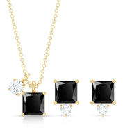 Natural 1.65 Carat Princess Cut Black Onyx Pendant and Earrings Set with Diamond