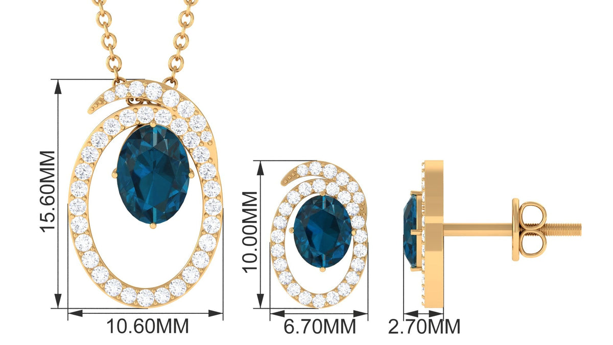 Genuine 1.8 Carat Oval London Blue Topaz and Diamond Necklace and Earrings Set