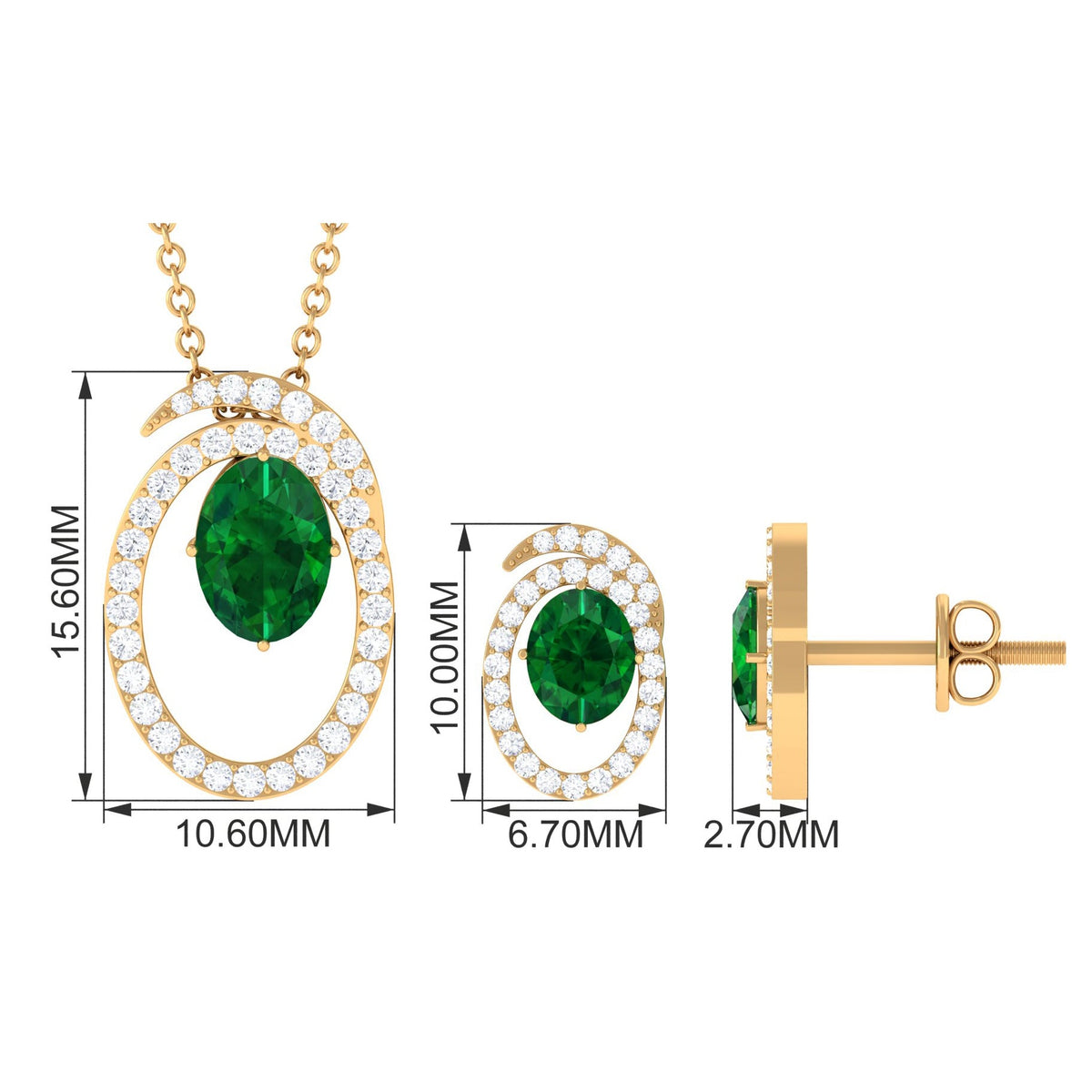 2.5 Carat Oval Cut Lab Created Emerald and Moissanite Necklace With Earrings