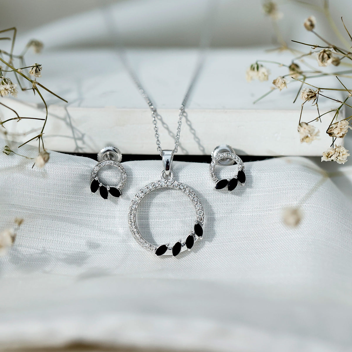 Marquise Cut Black Onyx and Diamond Eternity Jewelry Set