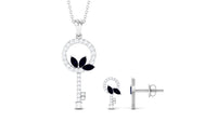 Natural Blue Sapphire Key Pendant and Earrings Set with Diamond