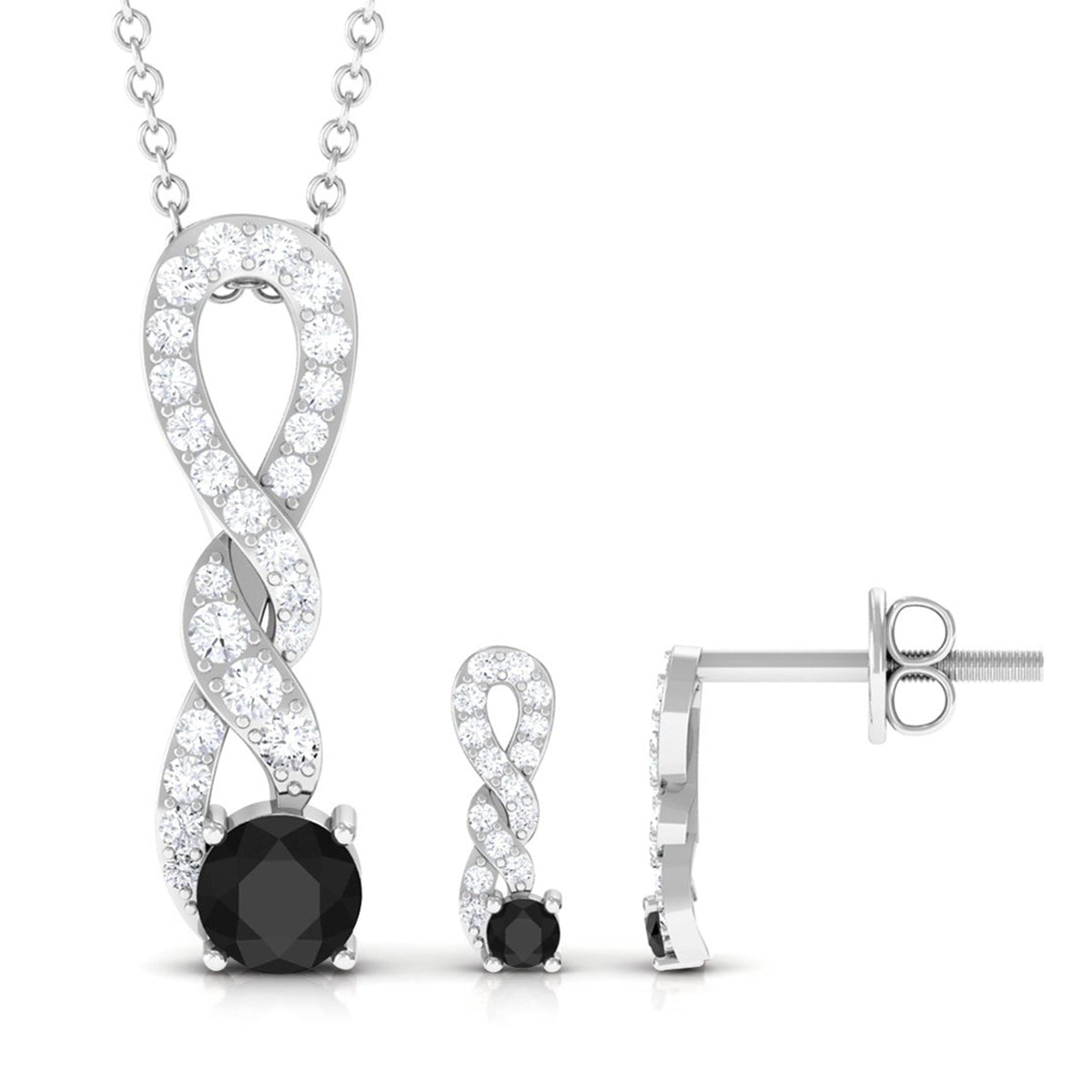 Natural Black Onyx Diamond Twisted Pendant and Earrings Set for Women