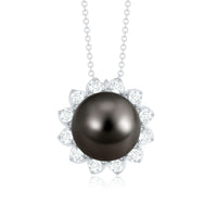 8 Carat Tahitian Black Pearl Sunflower Necklace with Diamond Halo