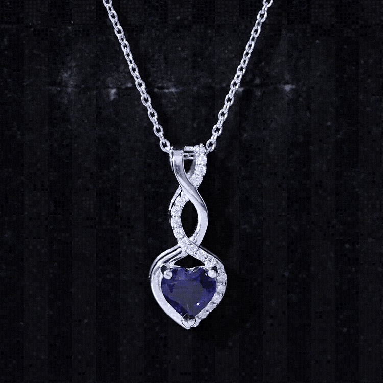 Lab grown blue sapphire and moissanite infinity heart pendant with chain, Rosec Jewels jewelry, elegant and sparkling necklace.