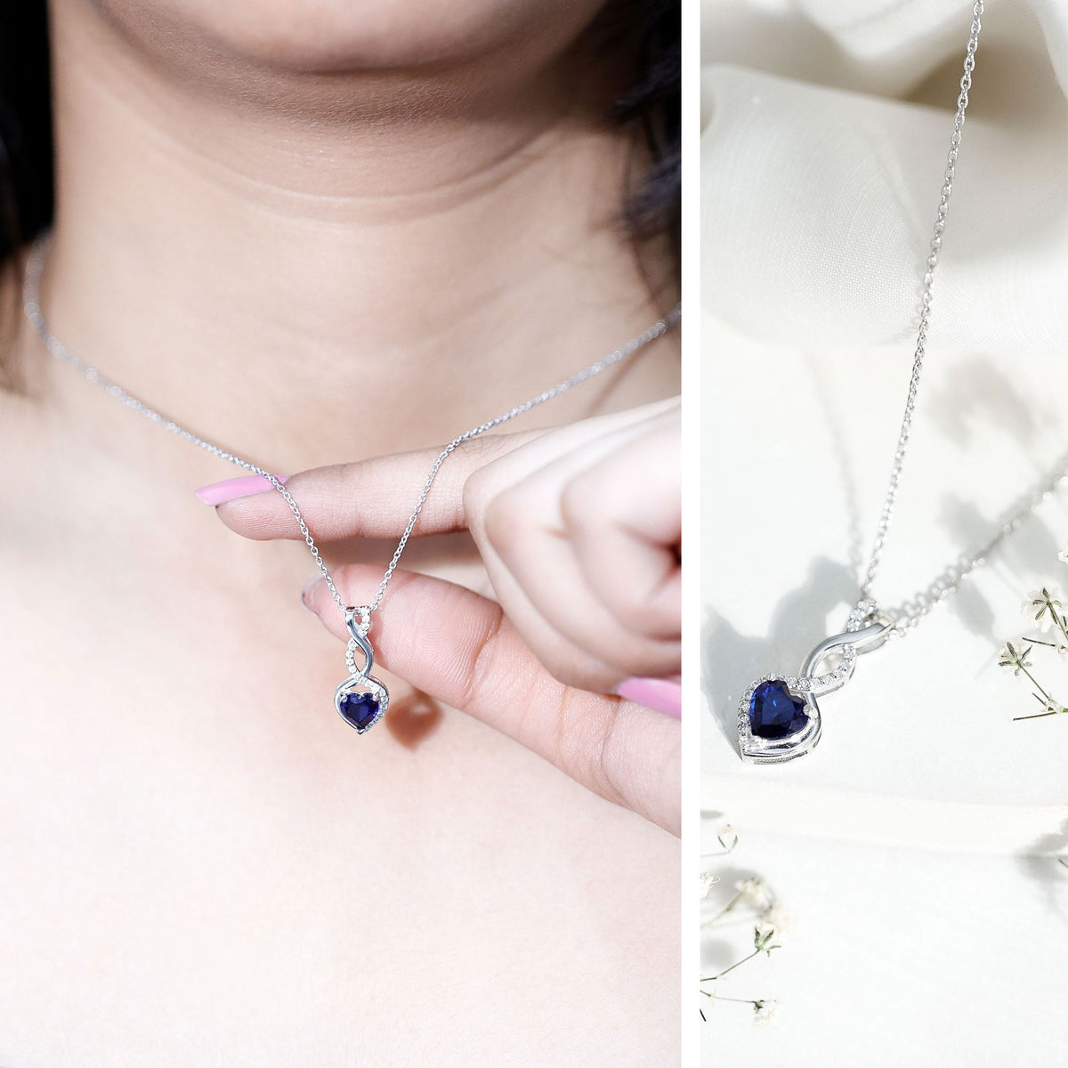 Lab Grown Blue Sapphire and Moissanite Infinity Heart Necklace with Chain