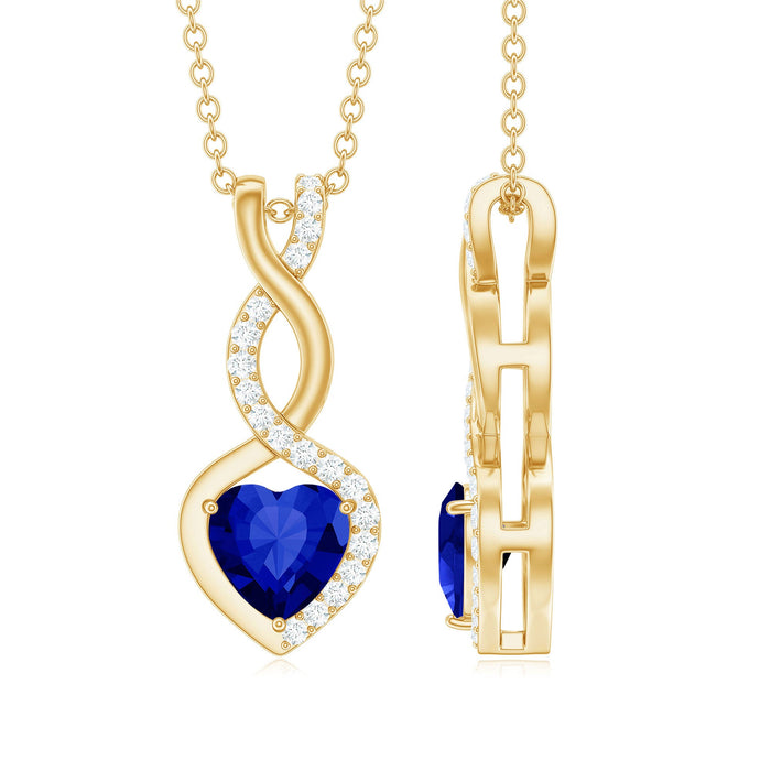 Lab grown blue sapphire infinity heart pendant with chain from Rosec Jewels, elegant jewelry featuring a sparkling blue sapphire.