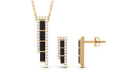 Real Baguette Shape Black Onyx Diamond Bar Jewelry Set for Women